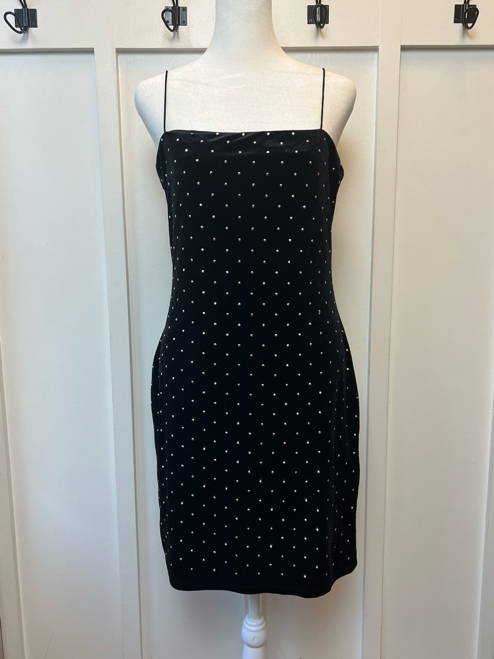 NWT Womens Medium Dress Black Velvet Silver Polka Dot Mini H&M Y2k Vibes Bodycon